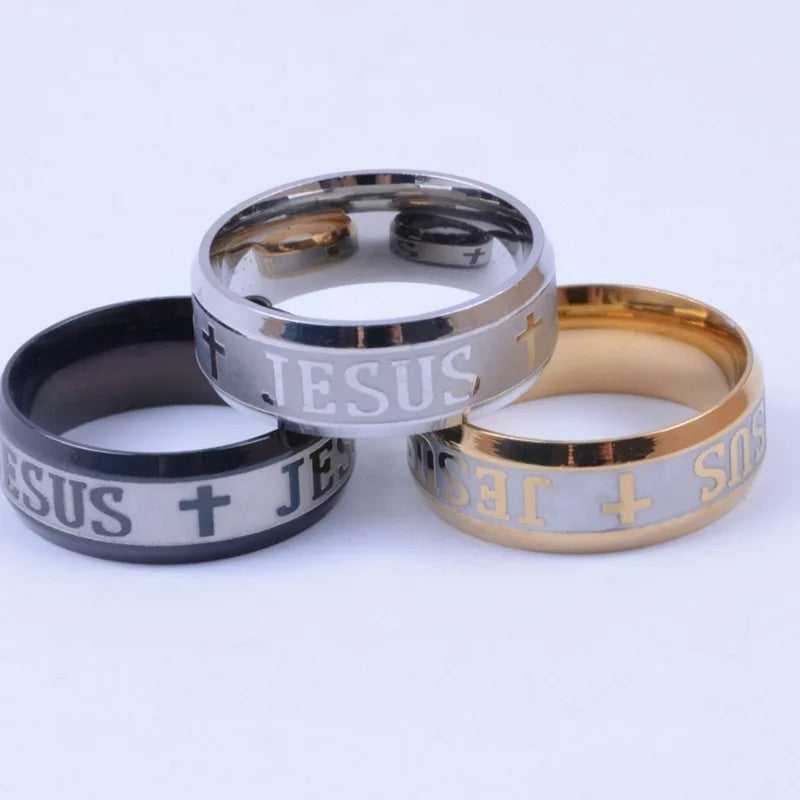 Stainless Steel Black Color Jesus Cross Ring Letter Bible Prayer Finger Rings For Men 8mm Amulet Jewelry