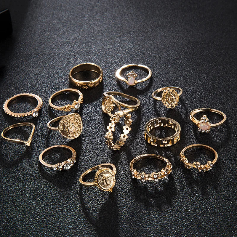 15 Pcs/set Boho Virgin Mary Snake Gold Color Rings Women  Geometric Female Finger Rings Set Jewelry