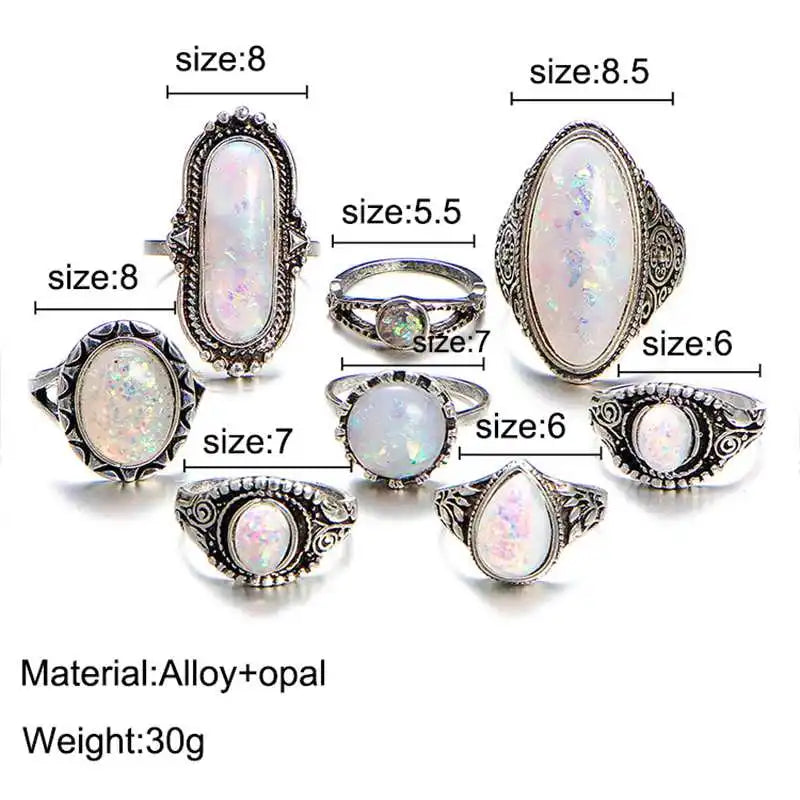 Women's Knuckle Ring Set Opal Joint Stackable Middle Finger Ring Bohemian Vintage Jewelry 8 pieces/set