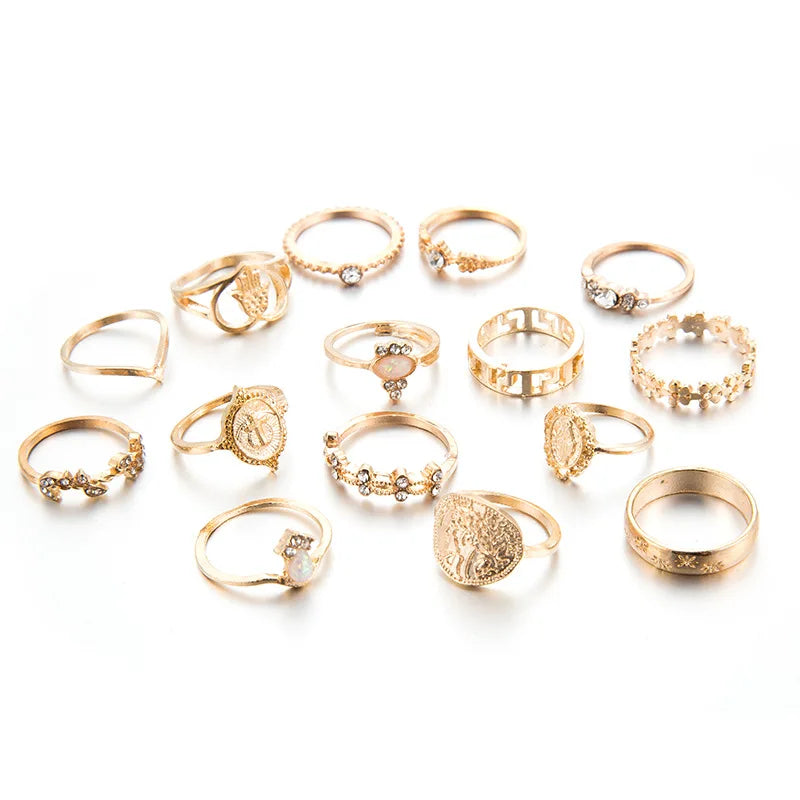 15 Pcs/set Boho Virgin Mary Snake Gold Color Rings Women  Geometric Female Finger Rings Set Jewelry