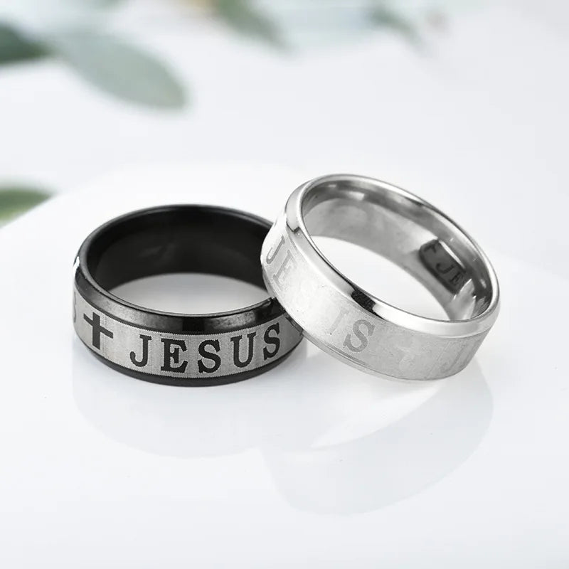 Stainless Steel Black Color Jesus Cross Ring Letter Bible Prayer Finger Rings For Men 8mm Amulet Jewelry