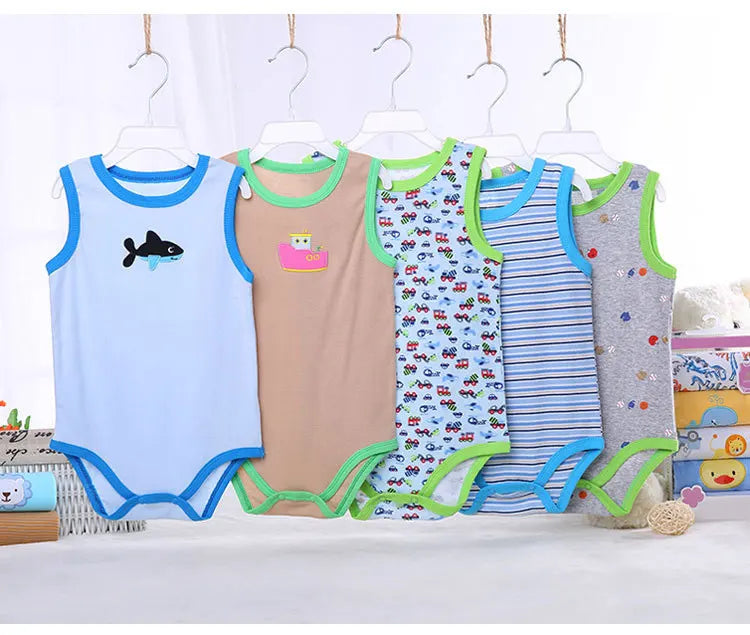 [5Pcs/lot Random Color] Cartoon Baby Bodysuit Cotton Sleeveless Baby Girl Clothes Summer Infant Boys Bodysuits Newborn Jumpsuits