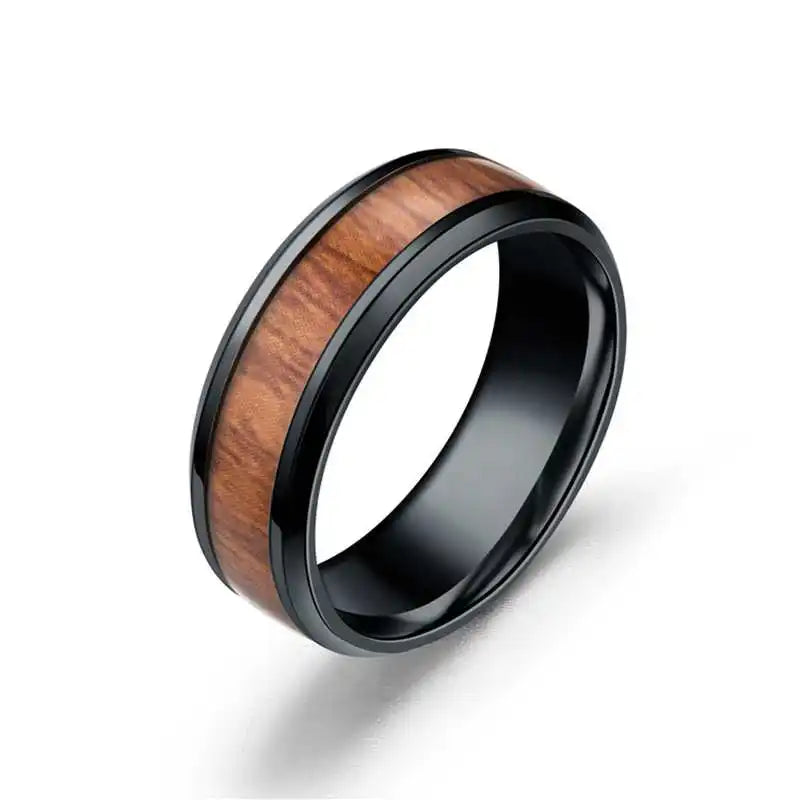 8mm Stainless Steel Ring Real Brown Koa Wood Inlaid High Polished Sieve Wedding Ring Men Women