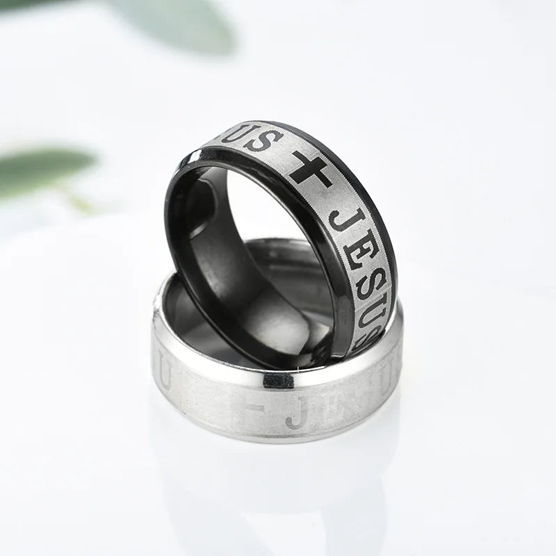 Stainless Steel Black Color Jesus Cross Ring Letter Bible Prayer Finger Rings For Men 8mm Amulet Jewelry