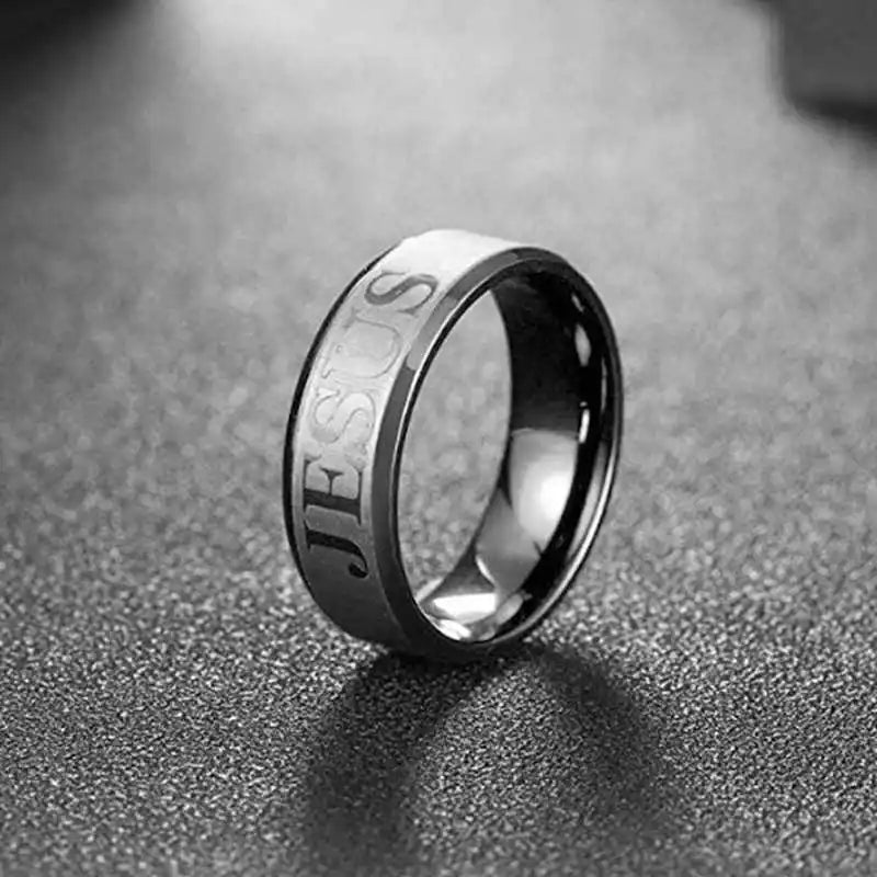 Stainless Steel Black Color Jesus Cross Ring Letter Bible Prayer Finger Rings For Men 8mm Amulet Jewelry