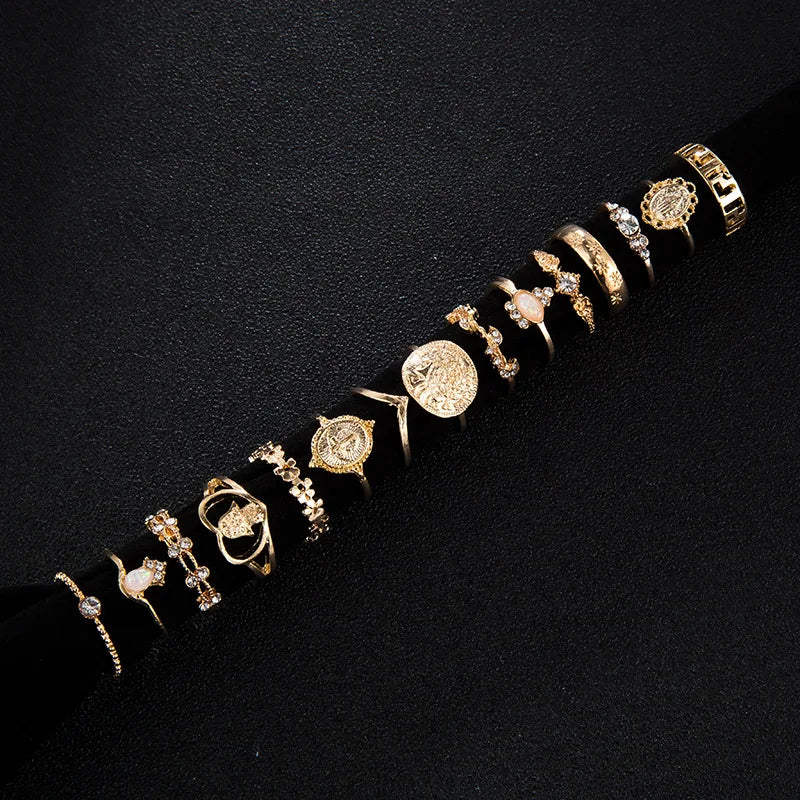 15 Pcs/set Boho Virgin Mary Snake Gold Color Rings Women  Geometric Female Finger Rings Set Jewelry