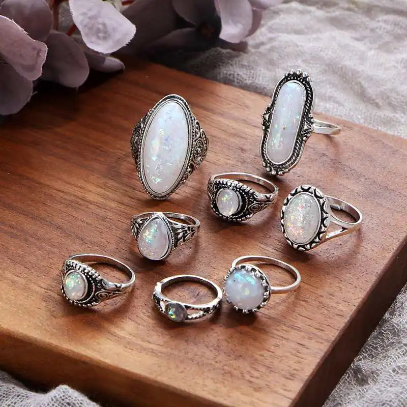 Women's Knuckle Ring Set Opal Joint Stackable Middle Finger Ring Bohemian Vintage Jewelry 8 pieces/set