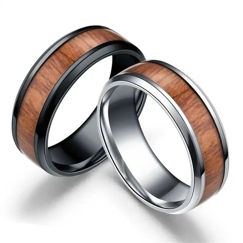 8mm Stainless Steel Ring Real Brown Koa Wood Inlaid High Polished Sieve Wedding Ring Men Women