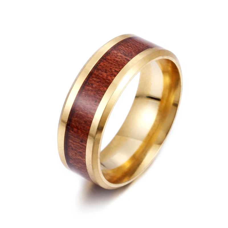 8mm Stainless Steel Ring Real Brown Koa Wood Inlaid High Polished Sieve Wedding Ring Men Women