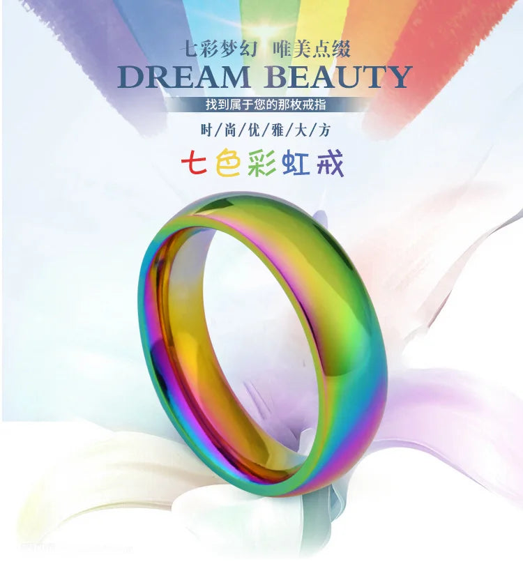 6mm Rainbow Colorful Smooth Surface Rings for Women Trendy Cute Stainless Steel Wedding Bands Jewelry