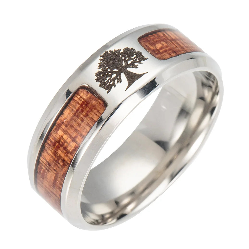 New Nordic Vikings Runes Amulet Life Tree Ring Men Stainless Steel Mosaic Wood Semi-circle Rings For Women Mens Jewelry Gift