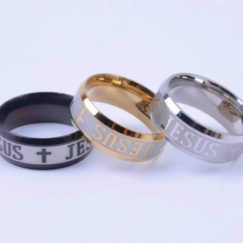 Stainless Steel Black Color Jesus Cross Ring Letter Bible Prayer Finger Rings For Men 8mm Amulet Jewelry