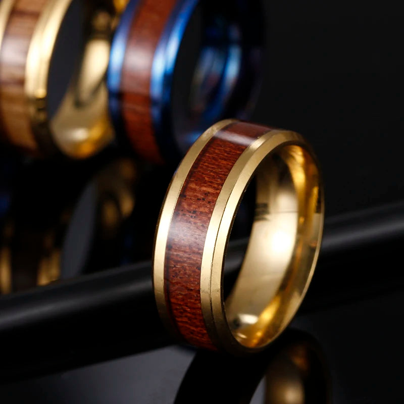 8mm Stainless Steel Ring Real Brown Koa Wood Inlaid High Polished Sieve Wedding Ring Men Women