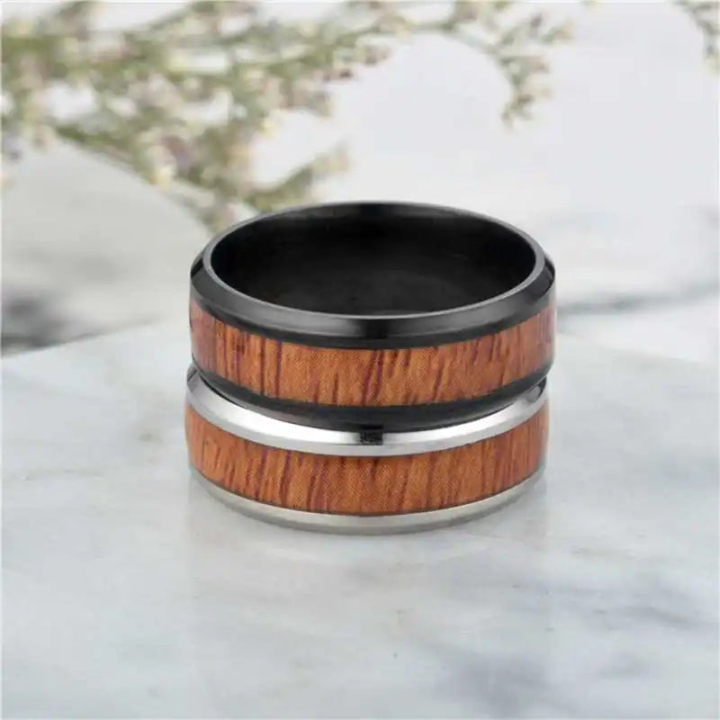 8mm Stainless Steel Ring Real Brown Koa Wood Inlaid High Polished Sieve Wedding Ring Men Women