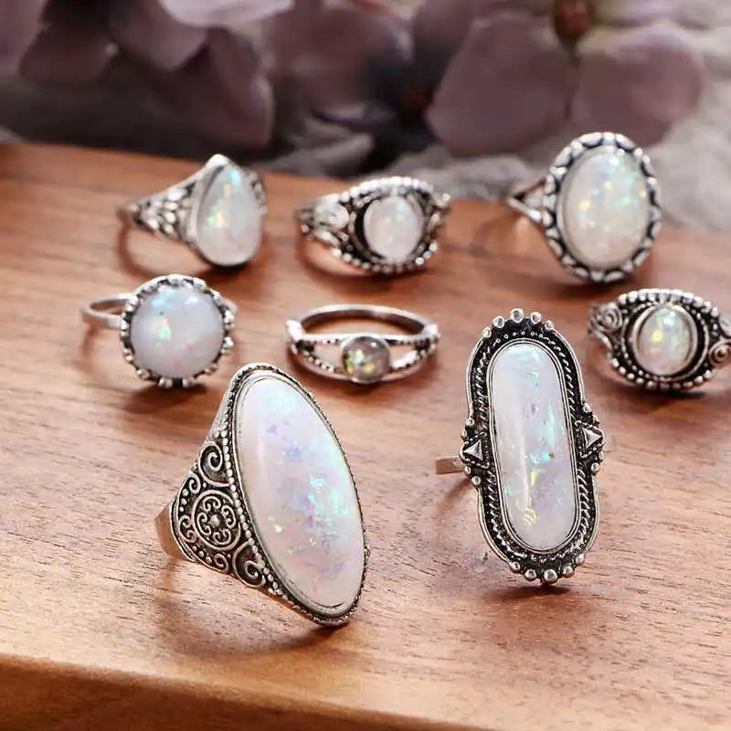 Women's Knuckle Ring Set Opal Joint Stackable Middle Finger Ring Bohemian Vintage Jewelry 8 pieces/set