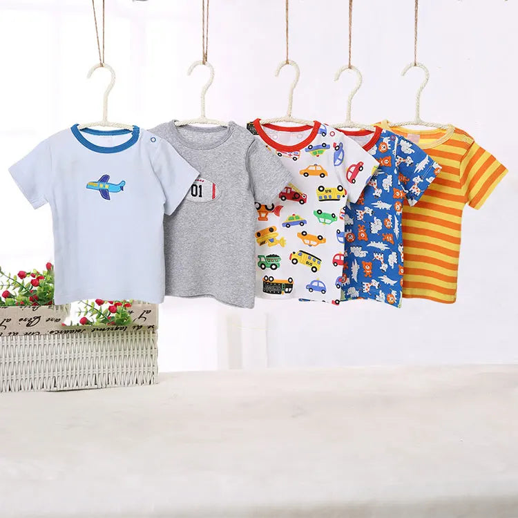 [5 Pcs/Lot Random Color] Baby T-Shirt 100%Cotton Cartoon Print Baby Girl Tops Summer Short Sleeve Toddler Boys Tshirt Clothes