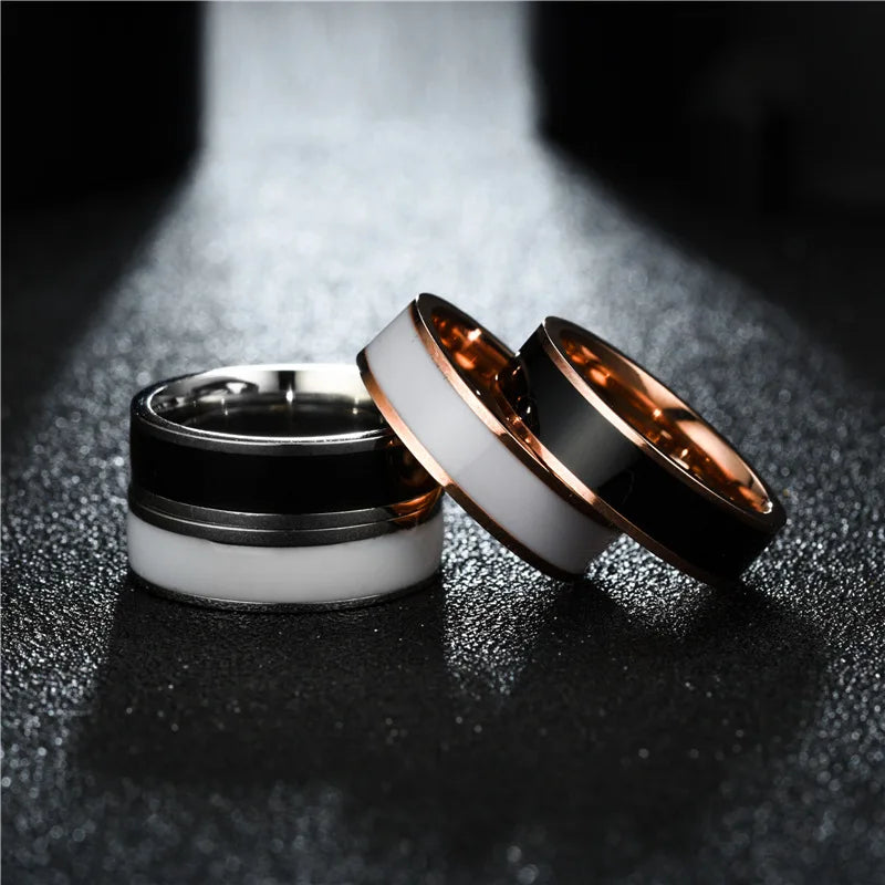 Rose Gold Color White Black Charm Ring for Woman Man Custom Engrave Name Wedding Jewelry 316L Stainless Steel Never Fade