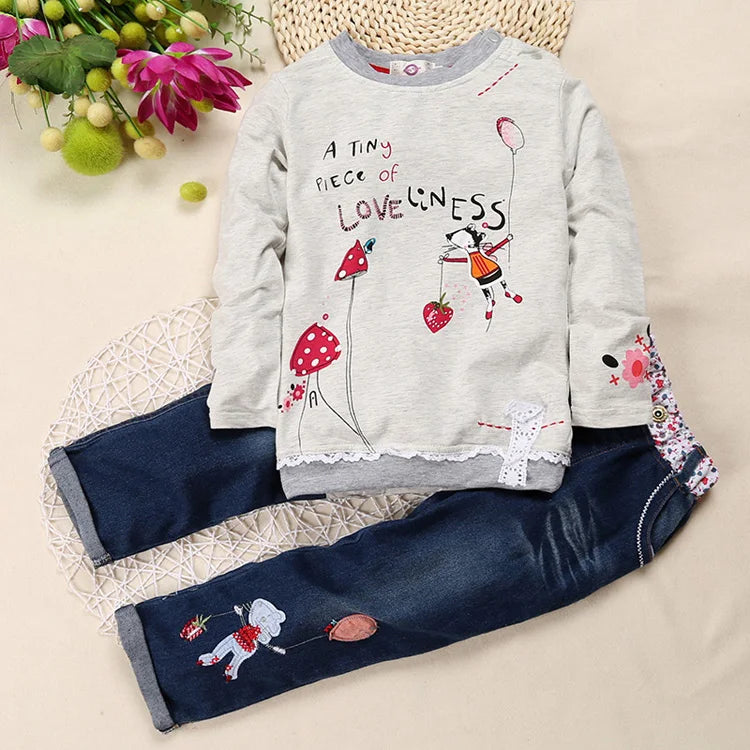 Fashion Spring Autumn Kids Girls Clothing Sets Cotton O-Neck Tops + Jeans 2 PCS Long Sleeve Floral Denim Suits  2 To 6 Years Old