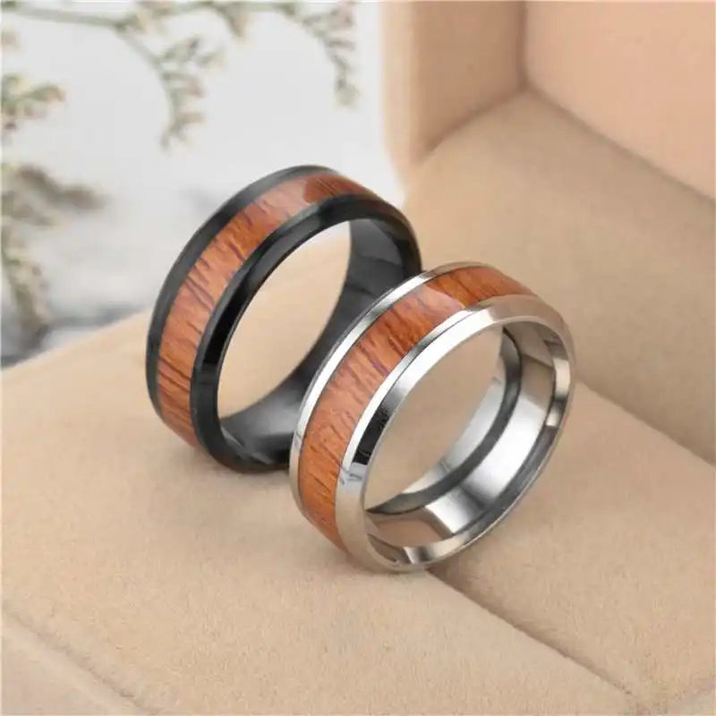 8mm Stainless Steel Ring Real Brown Koa Wood Inlaid High Polished Sieve Wedding Ring Men Women