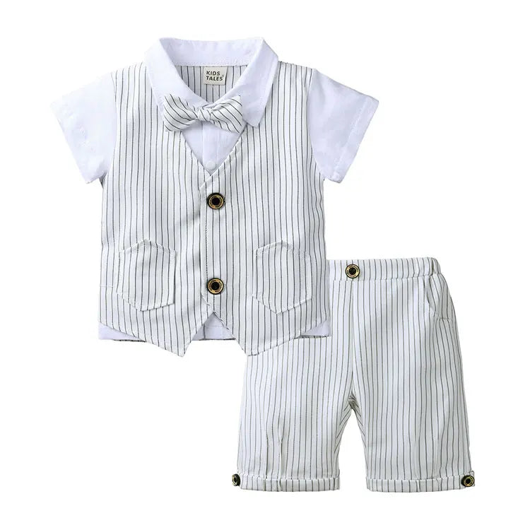 Gentleman Style Children Boys Clothes Summer Kids Clothes Suit Cotton Short Sleeve Bow Tops+Shorts Formal Baby Boy Clothes