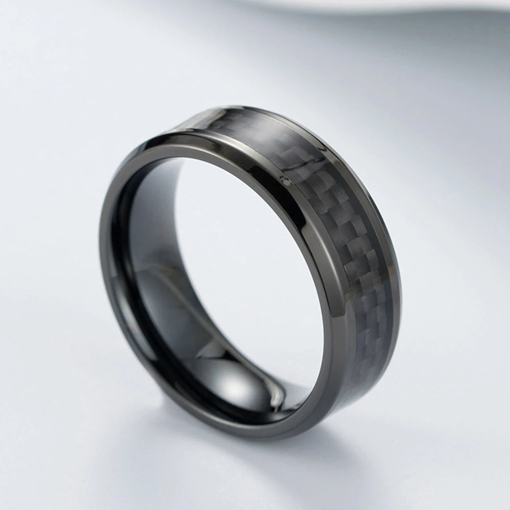 8 Mm Fashion Black Carbon Fiber Punk Ring Voor Mannen Roestvrij Stalen Ring Bruiloft Heren Sieraden