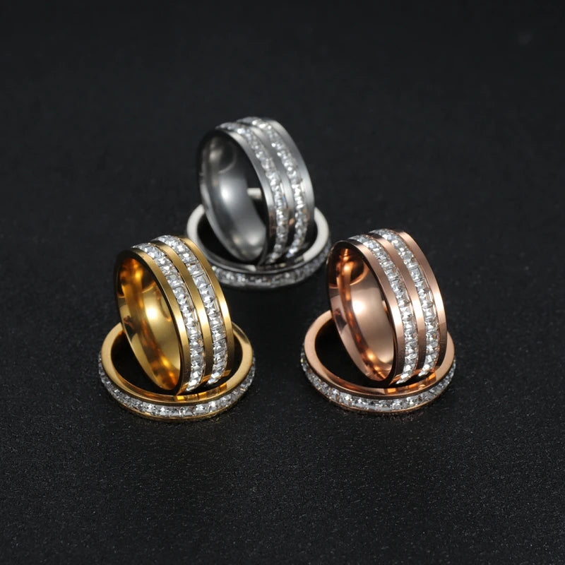 Stainless Steel Ring For Women Romantic Wedding Party Jewelry Female Luxury Rose Gold Color Double Row Square Zircon Luxury Ring