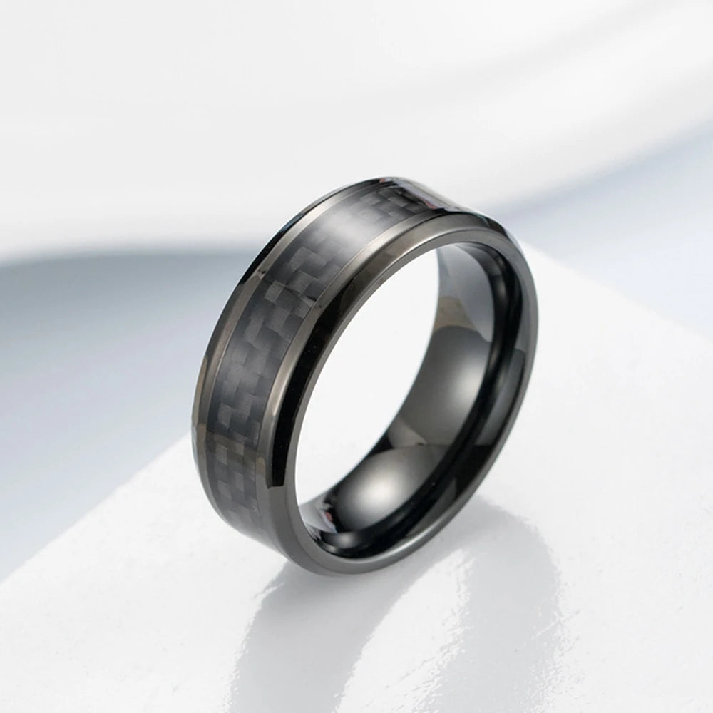 8 Mm Fashion Black Carbon Fiber Punk Ring Voor Mannen Roestvrij Stalen Ring Bruiloft Heren Sieraden