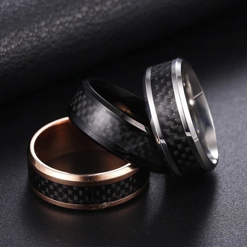 8 Mm Fashion Black Carbon Fiber Punk Ring Voor Mannen Roestvrij Stalen Ring Bruiloft Heren Sieraden