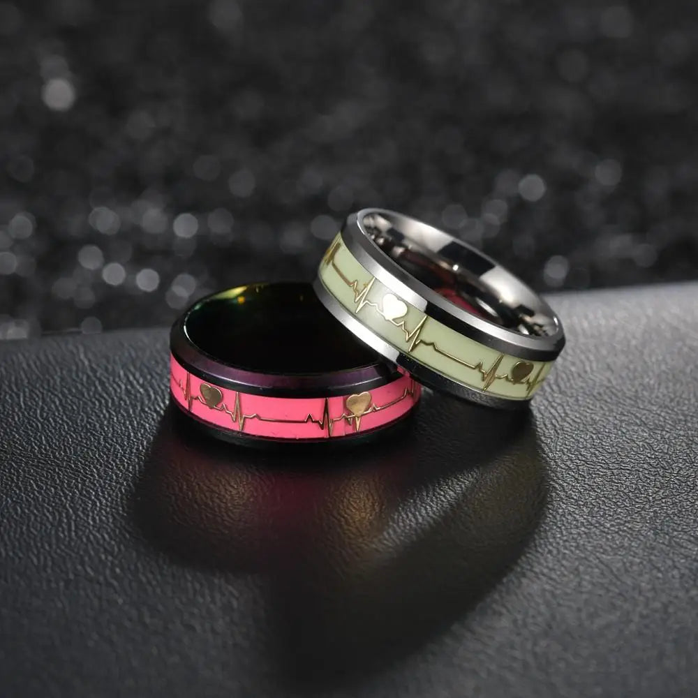 Women's Rings Luminous Mood ECG Ring Temperament Men's Ring Carbon Fiber Couple Wedding Rings  Valentine's Day Gift