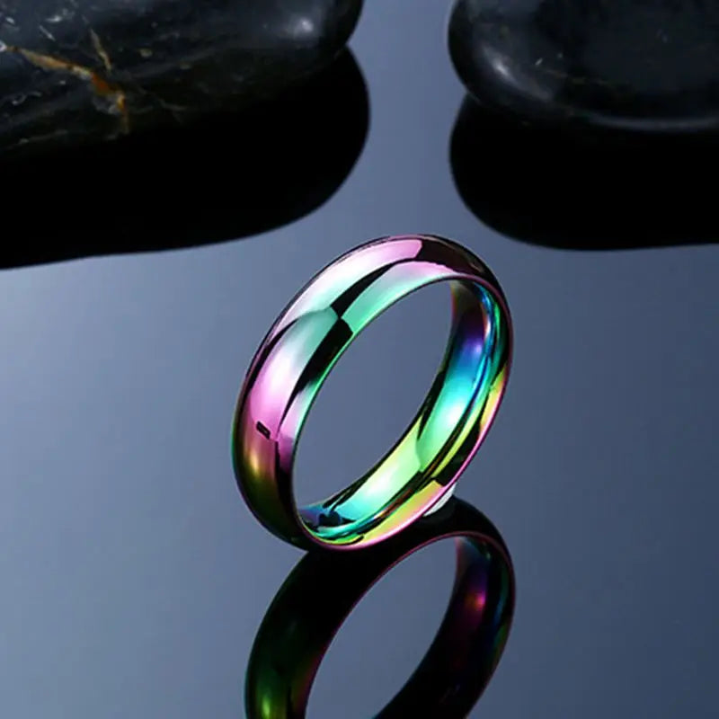 6mm Rainbow Colorful Smooth Surface Rings for Women Trendy Cute Stainless Steel Wedding Bands Jewelry