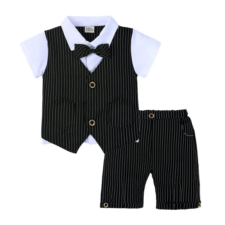 Gentleman Style Children Boys Clothes Summer Kids Clothes Suit Cotton Short Sleeve Bow Tops+Shorts Formal Baby Boy Clothes