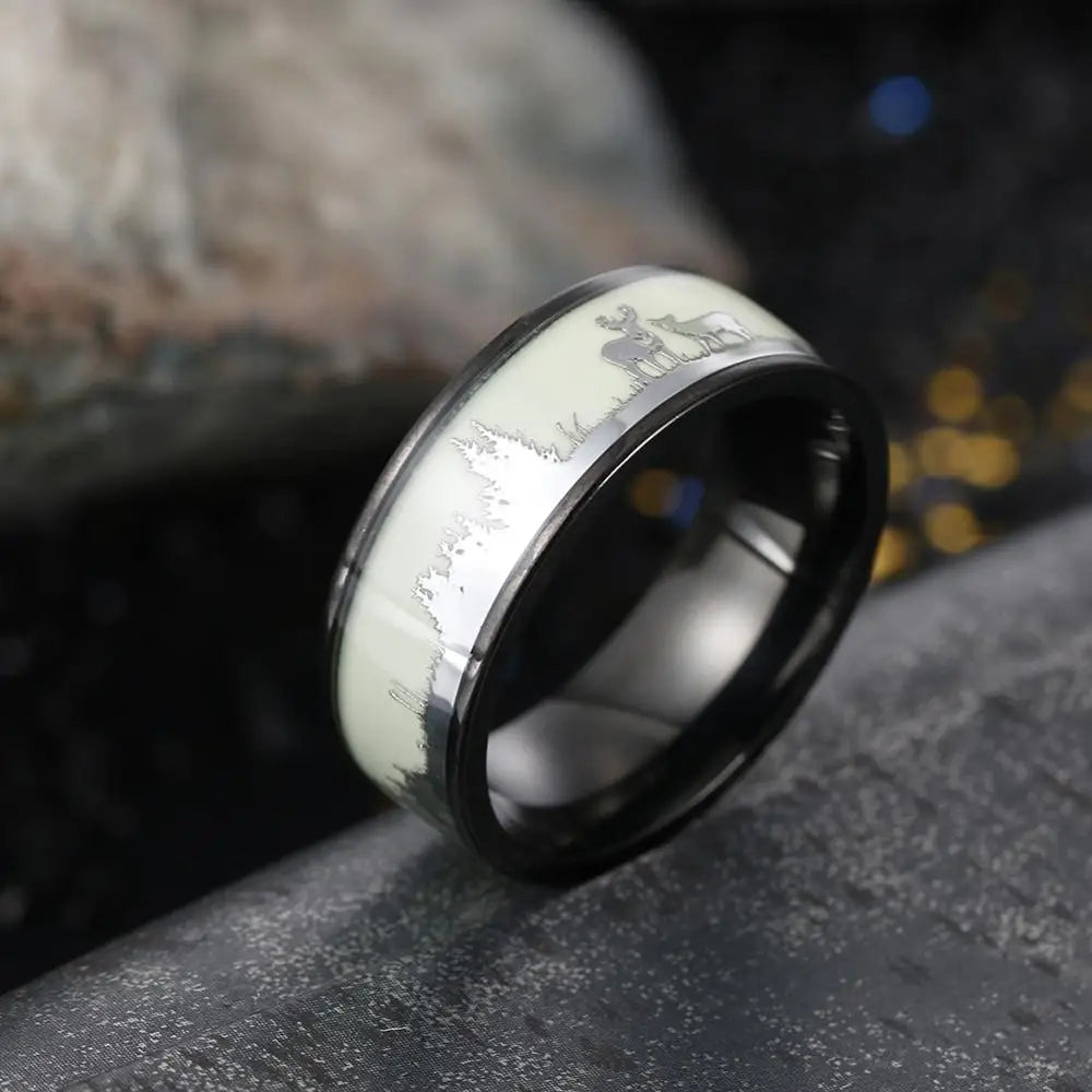 Fashion luminous black tungsten hunting men's ring retro deer silhouette glowing wedding ring engagement jewelry