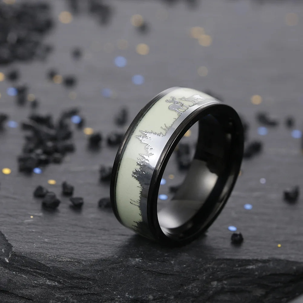 Fashion luminous black tungsten hunting men's ring retro deer silhouette glowing wedding ring engagement jewelry