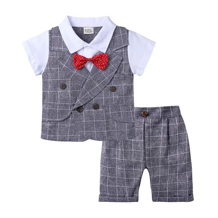 Formal Gentleman Kids Clothes Set Summer Toddler Boy Clothes Short Sleeve Bow Tops+Shorts Cotton Children Clothing 1-4Years