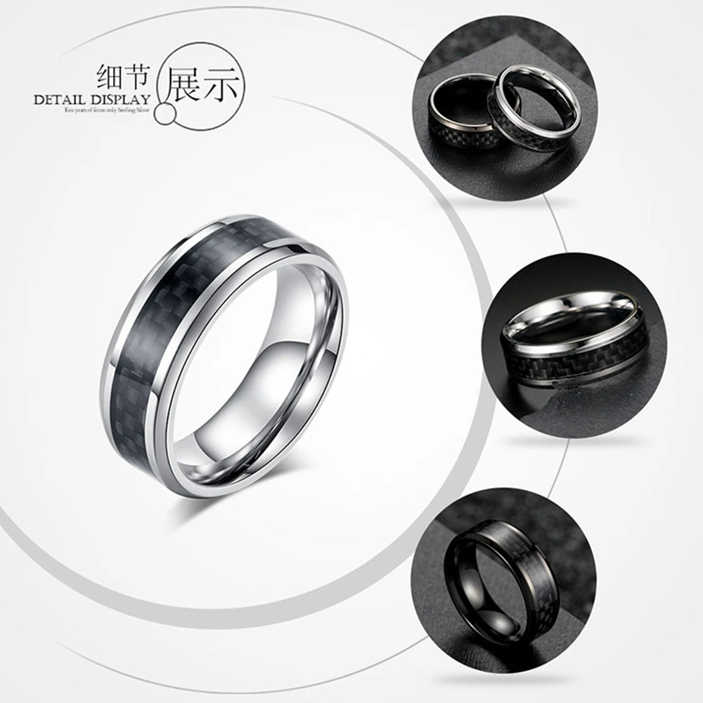 8 Mm Fashion Black Carbon Fiber Punk Ring Voor Mannen Roestvrij Stalen Ring Bruiloft Heren Sieraden