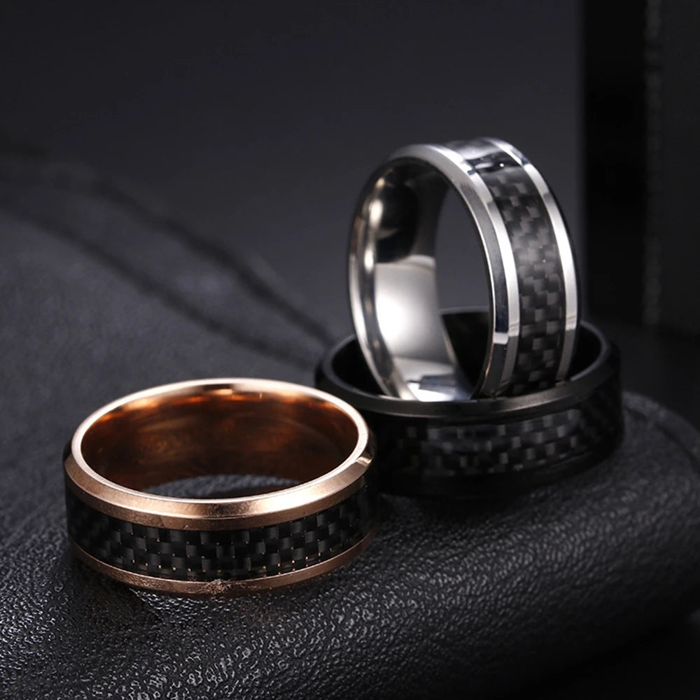 8 Mm Fashion Black Carbon Fiber Punk Ring Voor Mannen Roestvrij Stalen Ring Bruiloft Heren Sieraden