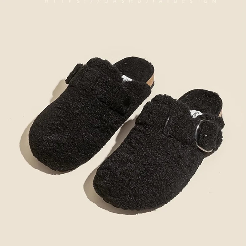 Warm Thicken Lamb Wool Fluffy Slippers Women 2023 Winter Flat Heels Mule Slippers Woman Brand Designer Thick Sole Birken Shoes