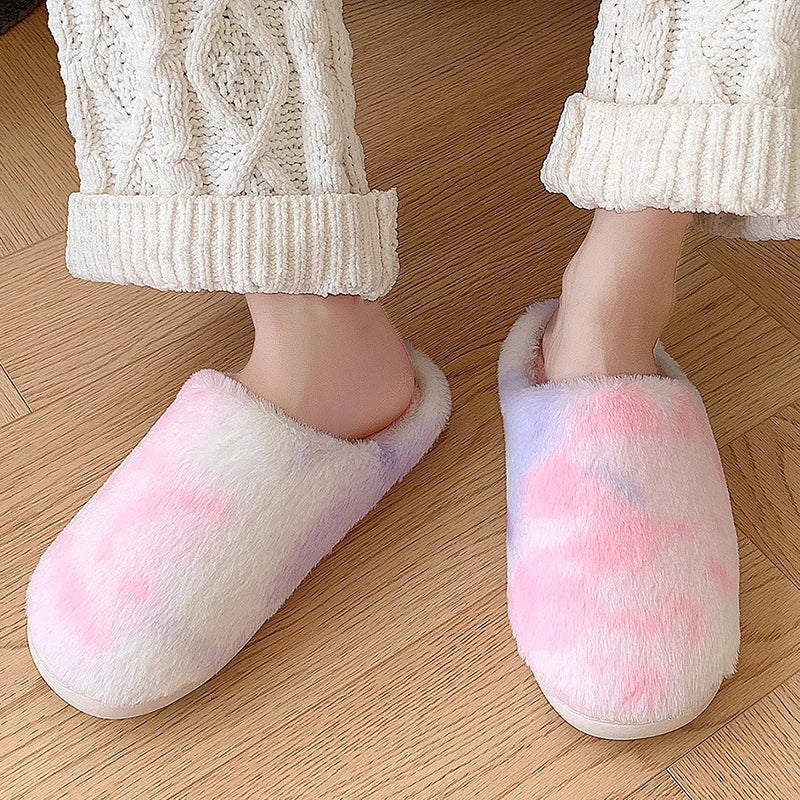 Tie Dye Fluffy Fur Slippers for Women 2024 Winter Closed Toe House Home Slippers Woman Non Slip Flat Heels Indoor Cotton Shoes