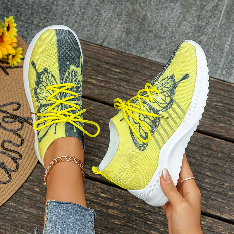 Butterfly Printed Knitted Sneakers Women Lightweight Anti-Slip Breathable Casual Shoes Woman 2024 Fashion Lace Up Tennis Shoes