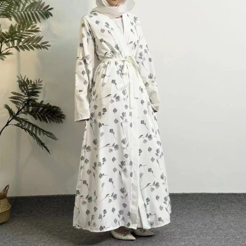 Printed Floral Open Front Abaya,Long Sleeve Maxi Length Dress With Belt Women's Clothing Muslim Abayas Out Kaftans Women Jilbabs