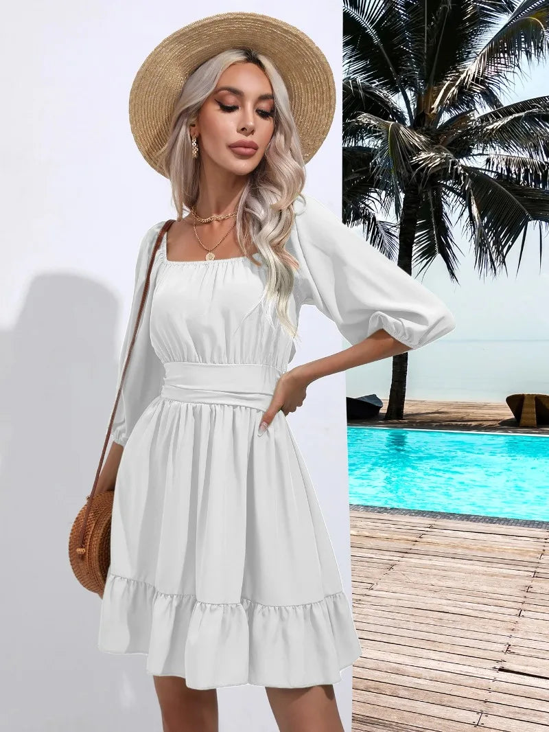 Summer Women Dresses Square Collar Bohemian RUFFLES Elastic Waist Above Knee Mini Dress Short Sleeves Pullover Mujer Vestidos