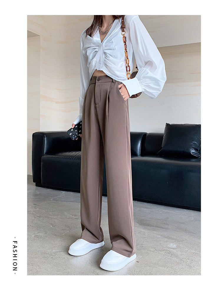 Women High Waist Floor-Length Suits Pants Autumn Winter White Loose Wide Leg Pants Female Office Ladies Straight Long Trousers