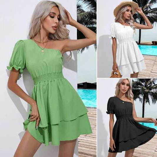 Summer Puff Sleeve One-Shoulder Women Dress Beach Pleated Ruffles Mini Woman Dresses Elastic Waist Diagonal collar Vestidos