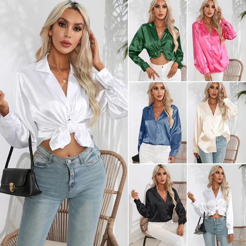 2024 Spring Summer Women Shirts Office Lady Woman Long Sleeve Satin Turn-down Collar Blouse with Single Breasted Female Blouses