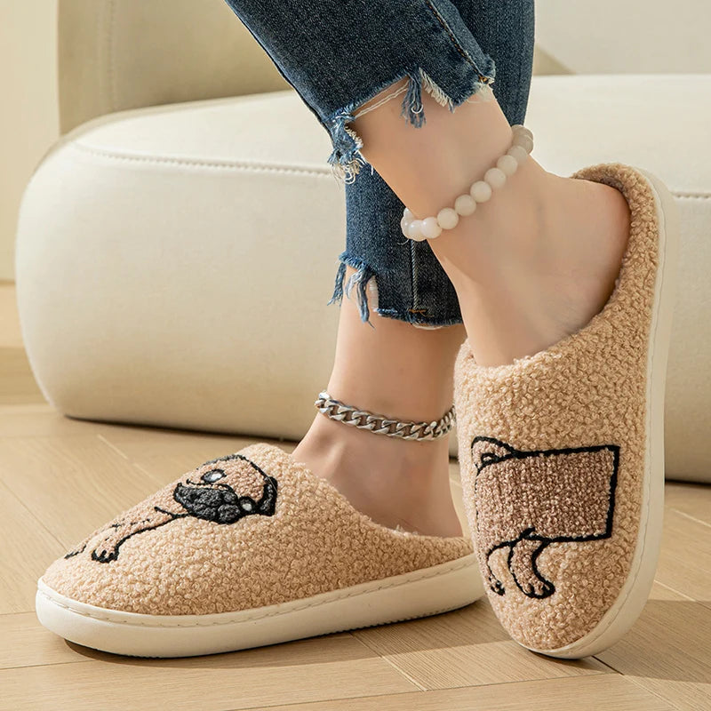 Cartoon Cat Puppy Embroidered Home Slippers Women 2024 Winter Closed Toe Cotton Slippers Woman Non Slip Flat Heels Indoor Shoes