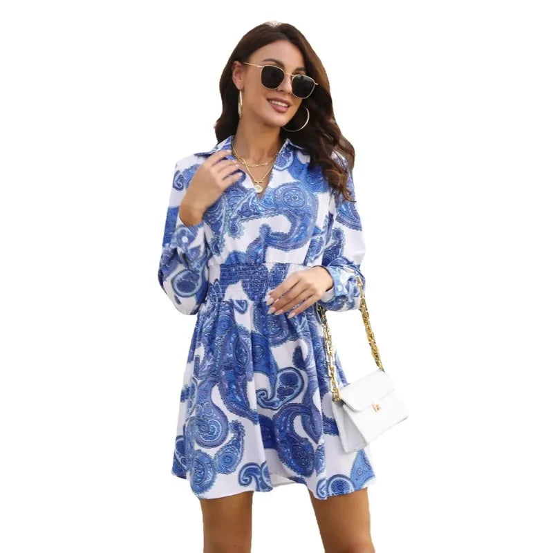 Summer Casual Loose Paisley Print Mini Dress with Turn-down Collar and Elastic Waist Long Sleeve Women dresses Mujer Vestidos