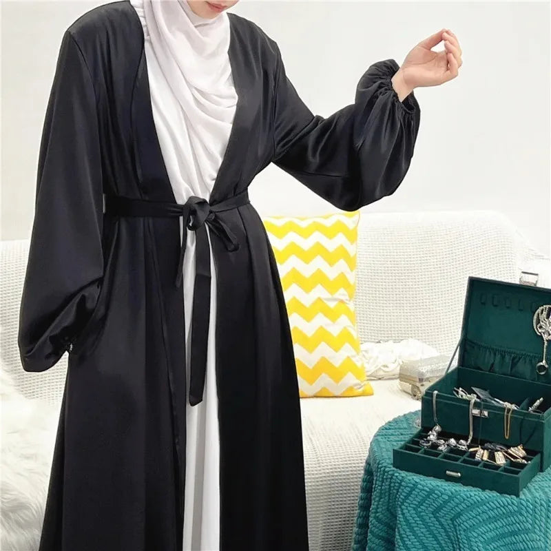 Women Abayas Muslim Kaftan Puff Sleeves Lace-up Maxi Length Ramadan Dresses Jilbabs Open Front  Abayas Outwear Cardigan Coats