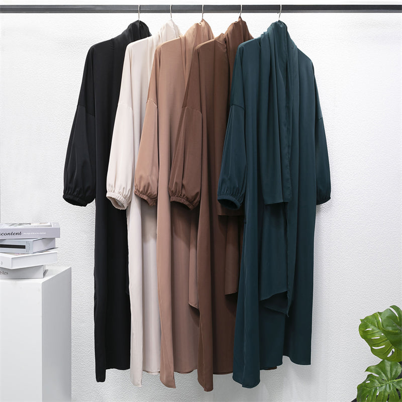 Muslim Abaya Prayer Dress One-piece Hooded Smocking Sleeve Islamic Clothing Women Jilbab Dubai Saudi Black Robe Turkish Modesty