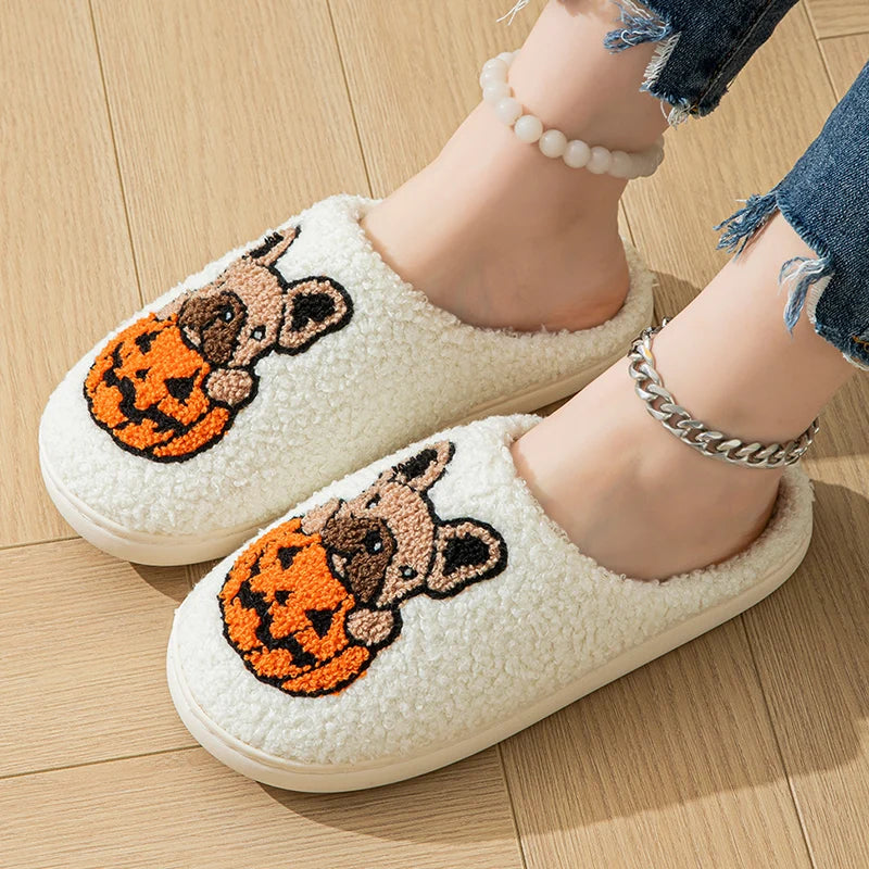 Halloween Dog Embroidery Cotton Home Slippers Women 2024 Winter Fluffy Furry House Slippers Woman Comfort Flat Heels Floor Shoes