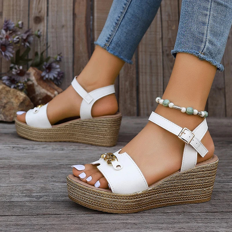 Golded Chain Decor Wedge Heels Sandals Women Ankle Buckle Strap Chunky Platform Sandals Woman Thick Bottom Comfort Summer Shoes